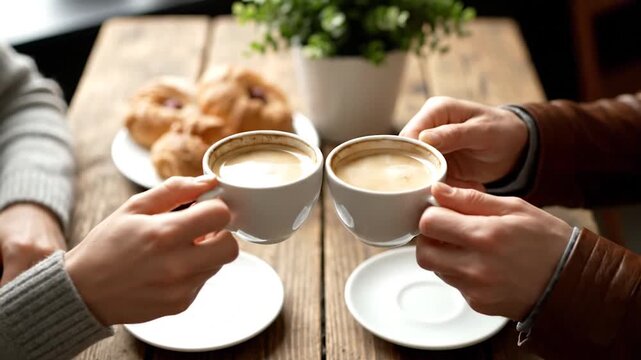 Couple enjoying coffee and pastries at a rustic wooden table, a moment of shared relaxation and conversation over breakfast or brunch.