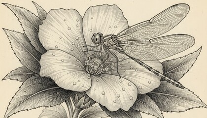 Fototapeta premium Dragonfly Resting on Flower Petals Detailed Vintage Botanical Illustration