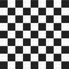 Square checkered chessboard style background made with realistic black and white plastik constructor blocks. Play and build concept. Vector illustration © boxerx