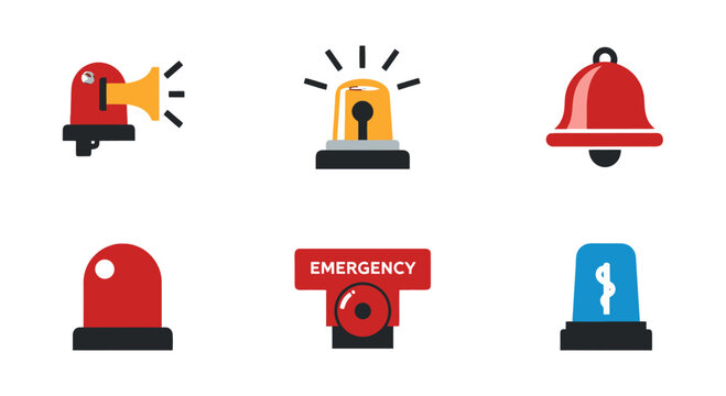 Diverse flat design emergency and alarm icons set featuring red yellow and blue sirens a bell and an emergency button.