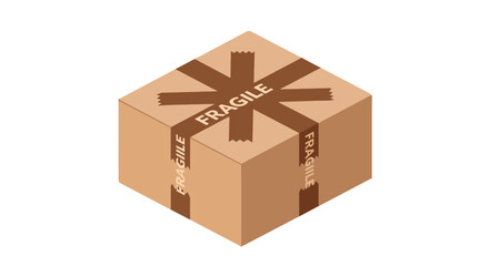 Obraz premium Isometric brown cardboard box securely sealed with FRAGILE tape a delivery package.
