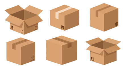 Fototapeta premium Isometric brown cardboard boxes set some open some sealed with tape and shipping symbols for delivery.