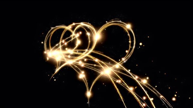 Romantic love theme for Valentines Day. A vibrant, abstract digital art piece featuring a golden heartshaped design on a black background, illuminated by a warm, golden light that radiates outward.