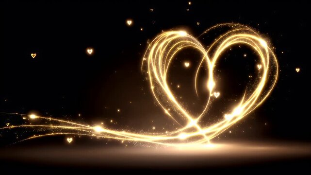 Romantic love theme for Valentines Day. A vibrant, golden heartshaped sparkle on a black background, creating a striking contrast that evokes a sense of love and warmth.
