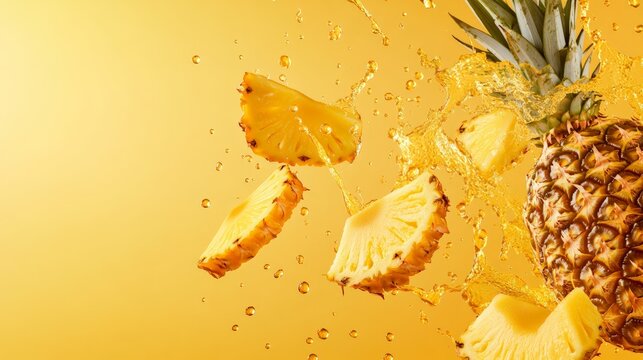 Ripe pineapple fruit and vibrant slices levitating against a bright yellow background, with refreshing pineapple juice splashing around, creating a lively, tropical scene