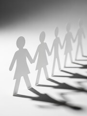 Gray paper cutout people holding hands in line on white background