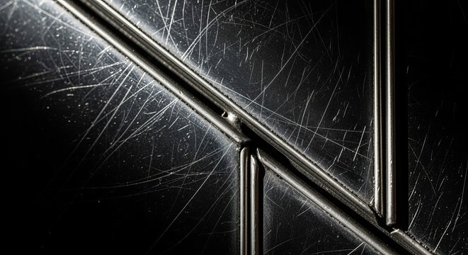 metal surface with scratches and scuff marks on black background with sharp diagonal lines and reflective surface texture evident