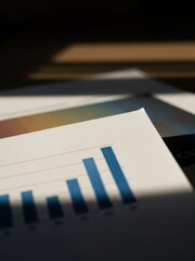 Closeup of a bar graph on a piece of paper with a blurred background and a shadow on the desk indoors