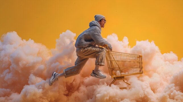 Man running with shopping cart through clouds on yellow background, symbolizing fast shopping, consumerism, and surreal retail concept.
