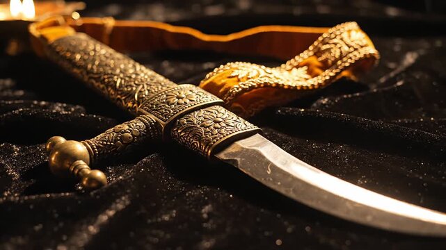 Antique Golden Dagger with Ornate Handle on Dark Fabric with Candle Light