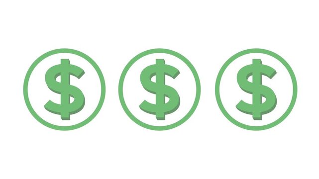 3d Animated green icon of dollar. Flat symbol of currency. Concept of business, money, finance. Simple flat vector illustration on white background