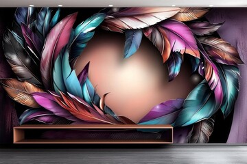 An eye-catching display of colorful feathers on a unique 3D circle wallpaper.