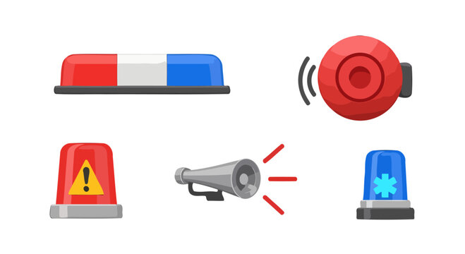 Collection of Emergency and Warning Signal Icons Lights Bell and Megaphone Illustrations.