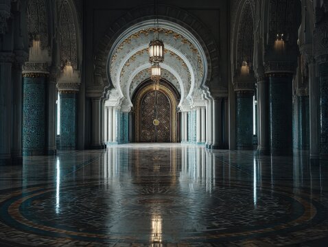 A large room with a large archway and a large door