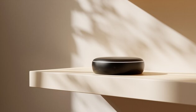 Sleek black smart home device on minimalist floating shelf in room