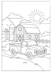Pickup coloring page with a vintage vehicle parked near a farm barn and silo © Inkartia