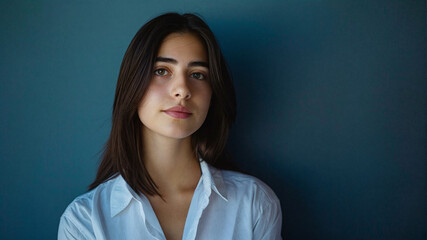 Fototapeta premium Portrait of a young woman with straight dark hair wearing a white button-up shirt against a dark blue background