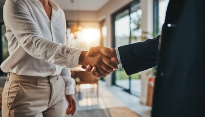 Fototapeta premium Two business people shaking hands making an agreement in modern office