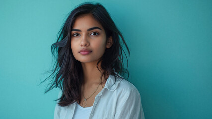 Fototapeta premium Portrait of a beautiful young Indian woman with dark wavy hair posing against a turquoise background