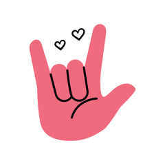 Obraz premium Pink hand making I love you sign with small heart symbols for affection and positive connection. Hand drawn doodle illustration vector design.