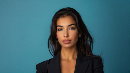 Fototapeta premium Elegant portrait of a sophisticated young woman wearing a black blazer against a solid blue background