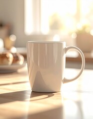 Fototapeta premium White Ceramic Mug on Table in Sunny Bright Kitchen Interior