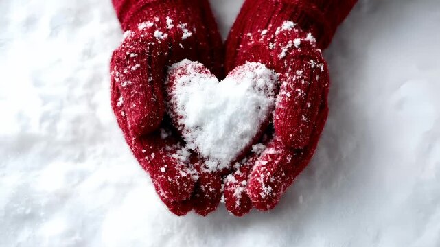Romantic love theme for Valentines Day. A person wearing red mittens holding a heartshaped snowflake in their hands against a backdrop of pristine white snow.