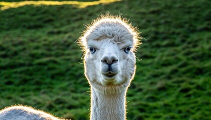 Fototapeta premium White alpaca with glowing fur portrait in bright green field