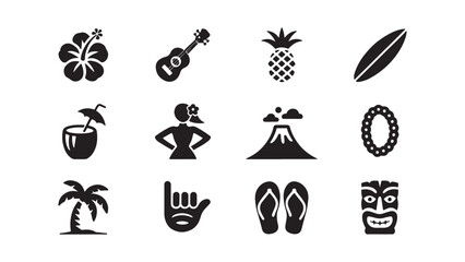 Obraz premium Hawaiian Culture and Tropical Paradise Silhouette Icon Set for Island Tourism Aloha Themed Branding and Summer Design Projects