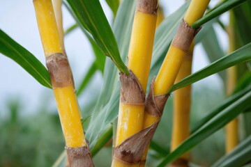 Fototapeta premium Close-up of vibrant yellow sugarcane stalks with green leaves in natural setting