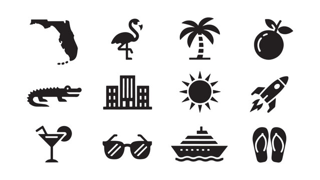 Florida State Culture and Lifestyle Silhouette Icon Set for Sunshine State Tourism Travel Branding and Regional Design Projects