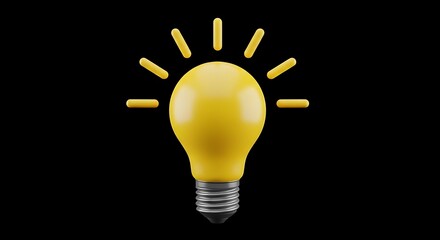 A 3D rendered yellow light bulb with rays of light emanating from it on a black backdrop