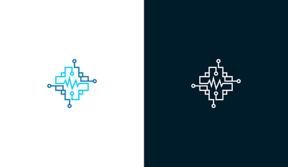 Digital health technology logo with circuit cross and heartbeat pulse