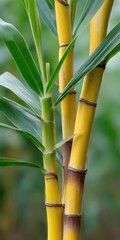 Obraz premium Vibrant yellow sugarcane stalks with green leaves in natural setting