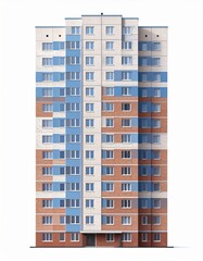 Fototapeta premium Facade of Tall Residential Building with Beige Brick and Blue Paneling on White