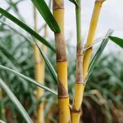 Fototapeta premium Close-up of lush sugarcane stalks in vibrant green field