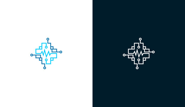 Digital health technology logo with circuit cross and heartbeat pulse