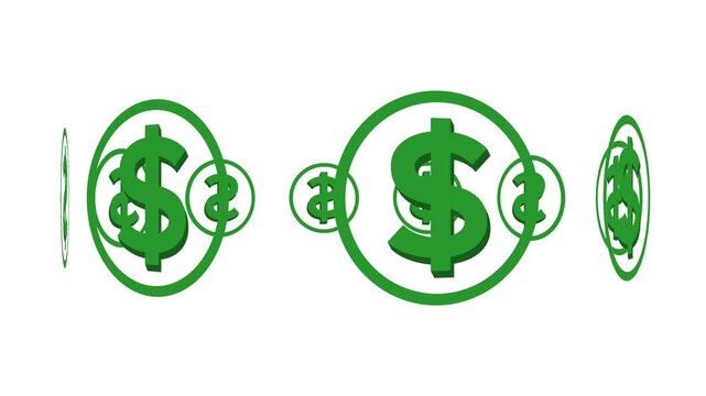 3d Animated green icon of dollar. Flat symbol of currency. Concept of business, money, finance. Simple flat vector illustration on white background