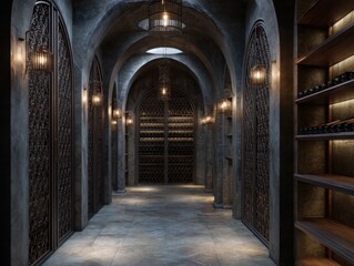 Obraz premium A long hallway with a lot of wine bottles on shelves