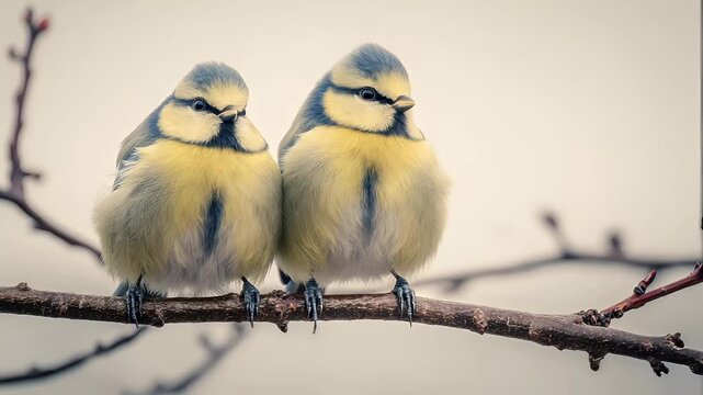 Romantic love theme for Valentines Day. Two blue tit chicks perched atop a tree branch, their vibrant yellow, blue, and black feathers contrasting against the blurred background.