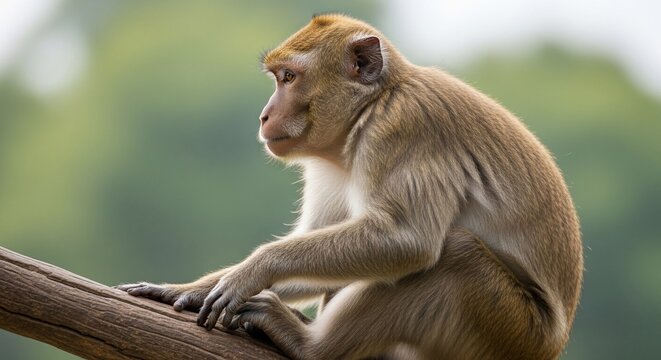 Close-up of a thoughtful macaque monkey sitting on a tree branch in a natural outdoor setting.