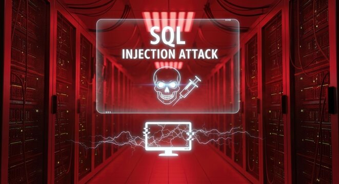 SQL Injection Attack Warning on Server Racks with Skull and Syringe Icon.
