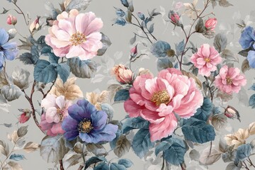 Elegant, chic, vintage seamless repeatable pattern featuring blooming pastel pink and blue flowers