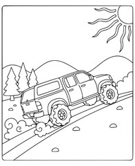 Transport coloring page with an offroad pickup truck climbing a mountain road © Inkartia