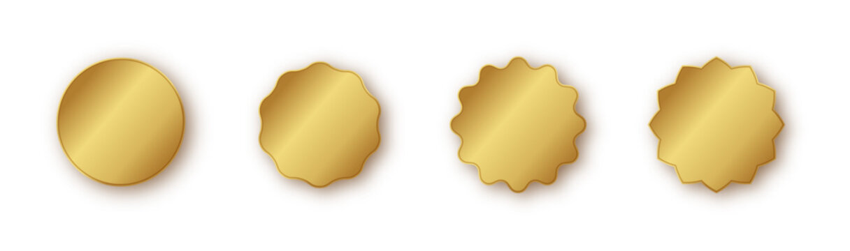 Gold star badge collection with radiant burst effect. Glossy foil stickers for sale tags, price labels, promotional stamps.