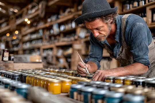 Man in Hat Labeling Jars of Preserves in Rustic Shop, Close Up