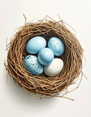 Obraz premium Speckled Blue Easter Eggs in a Natural Twig Nest on White Background