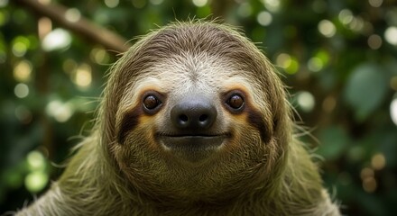 Fototapeta premium Close-up portrait of a smiling three-toed sloth in its natural habitat.
