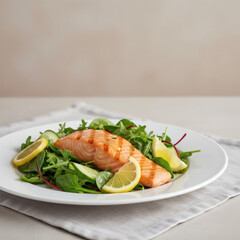 Delicious grilled salmon fillet served with a fresh mixed green salad and lemon wedges on a white plate