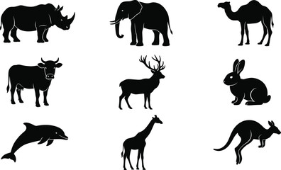 Animal silhouette collection set, wildlife vector illustration featuring rhino elephant camel deer cow rabbit dolphin giraffe kangaroo isolated design © Afsun